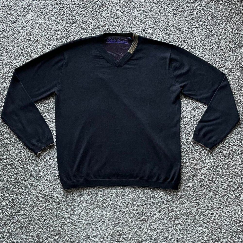 100% Wool Robert Graham Large Black Classic Preppy V-Neck Knit Sweater Velvet